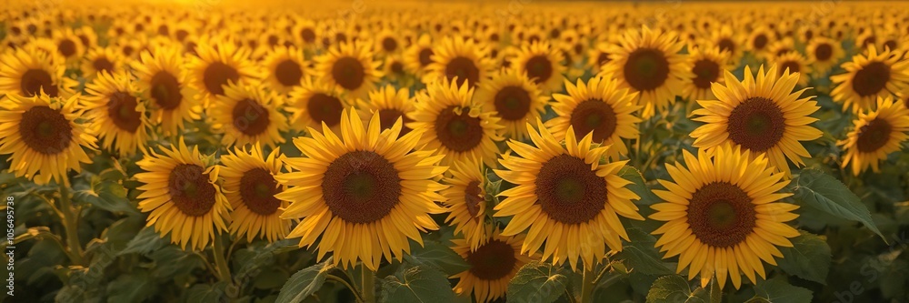 Vibrant field of sunflowers illuminated by golden sunset light, light, outdoors Vibrant field of sunflowers illuminated by golden sunset light, light, outdoors