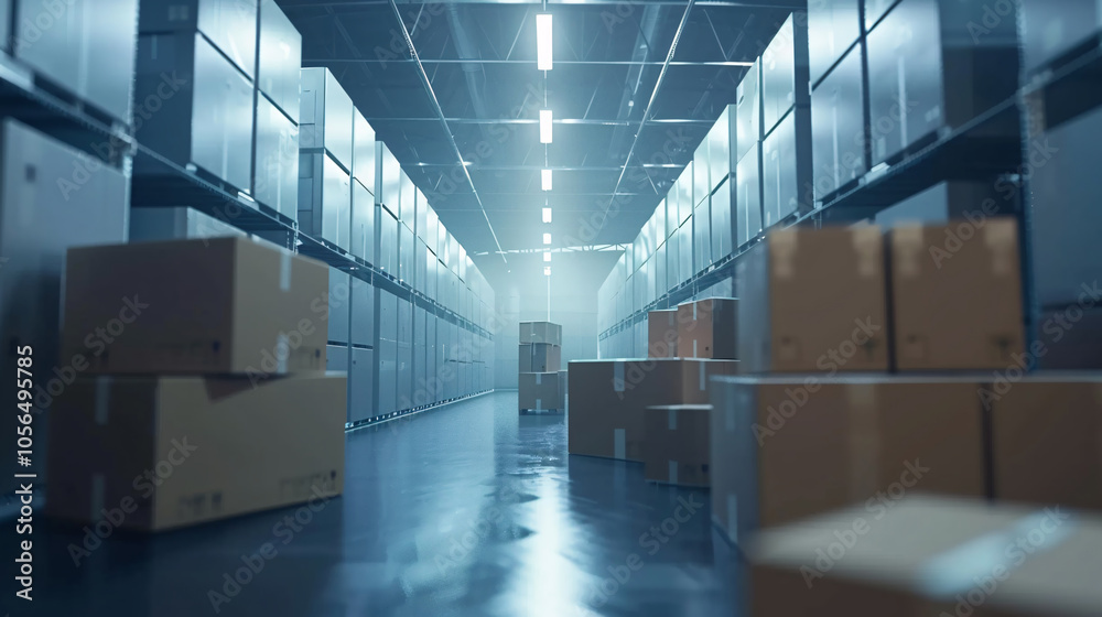 Dark warehouse interior with stacked cardboard boxes and metal shelving ...