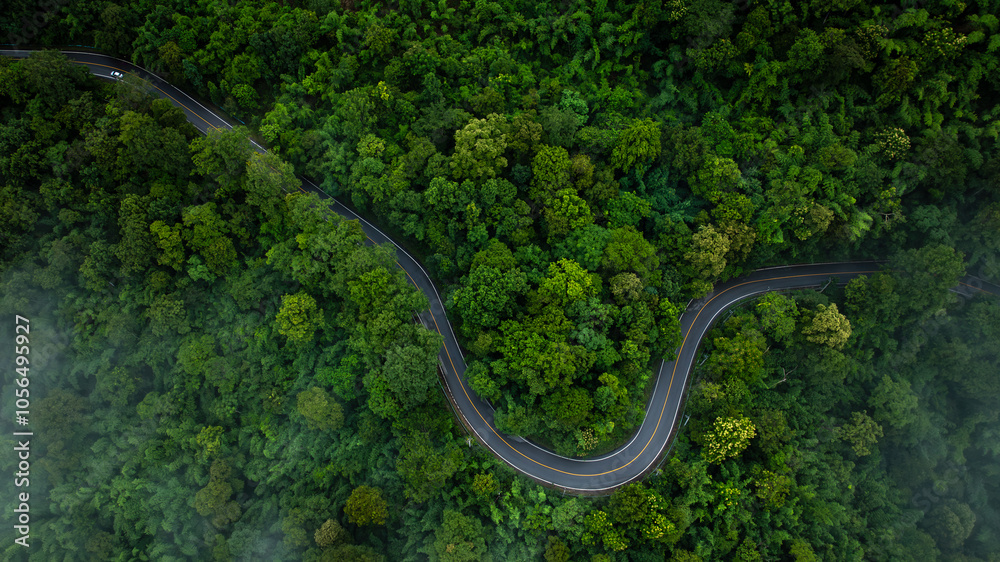 Fototapeta premium Road of No. 1095, Pai, Mae Hong Son, Chiang Mai Thailand aerial drone point of top view