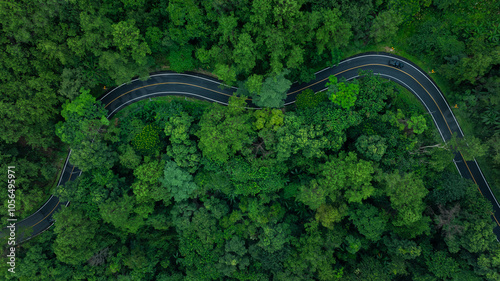 Road of No. 1095, Pai, Mae Hong Son, Chiang Mai Thailand aerial drone point of top view photo