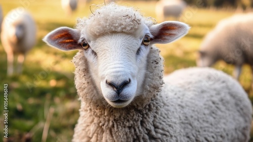 Close up of a white sheep looking directly at the camera in a grassy field.