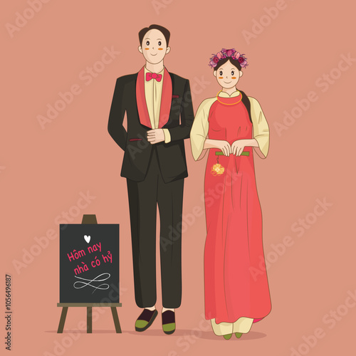 Beautiful Vietnamese Wedding Couple: Bride in Ao Dai, Groom in Black Suit
