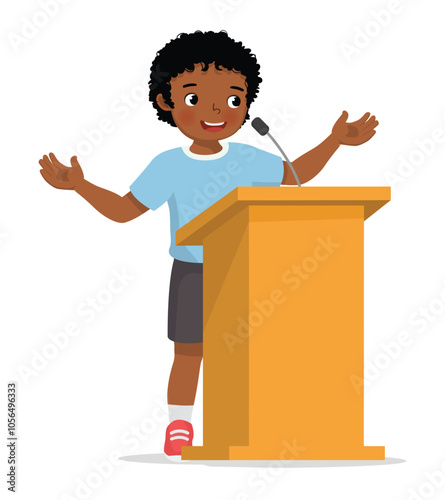 Cute little African boy giving a speech on podium
