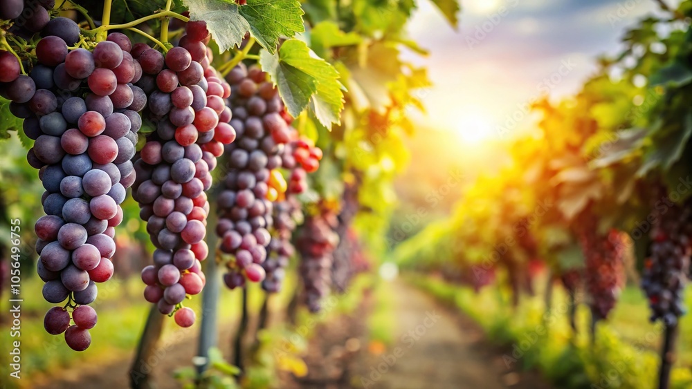 Naklejka premium Vines in a lush orchard with clusters of ripe grapes hanging from the branches, fruit, vines, harvest season, tree branches