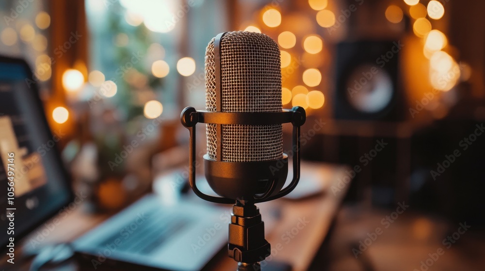 Microphone setup for a podcast recording in a cozy studio space Microphone setup for a podcast recording in a cozy studio space