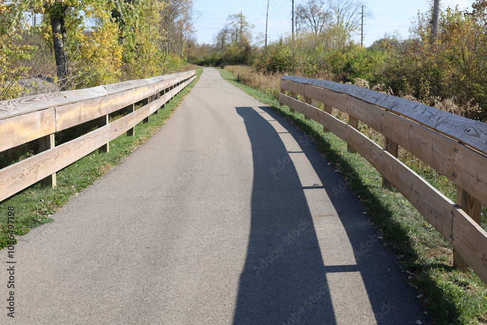 Walking and biking path through nature park with shadows Walking and biking path through nature park with shadows