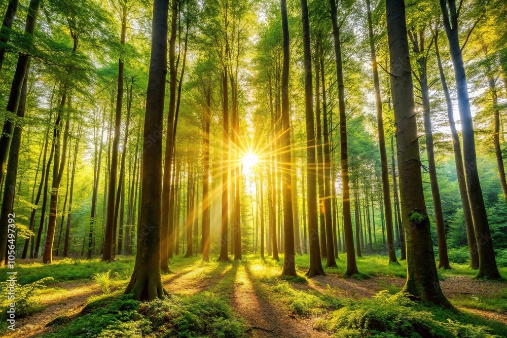 Fototapeta premium Warm sunlight filtering through the leaves of tall trees in a dense forest, leafy canopy, natural shelter, refreshing escape