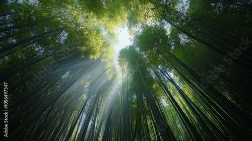 A serene view of a bamboo forest with sunlight filtering through the leaves.