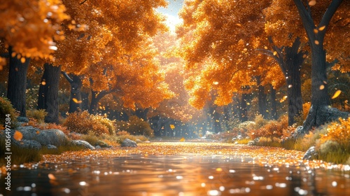 A serene river scene with vibrant autumn foliage and gentle reflections.
