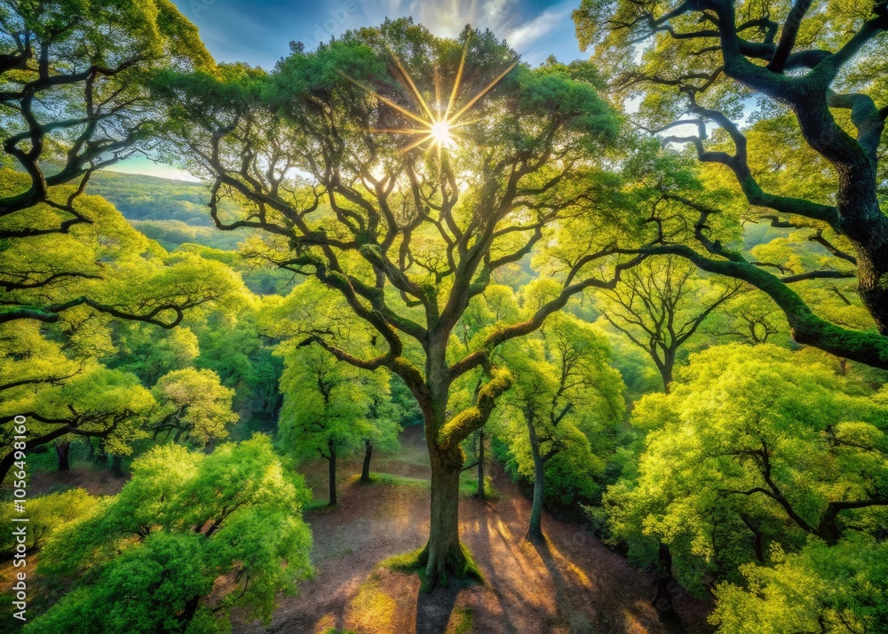 Fototapeta premium Aerial View of Majestic Oak Trees in Lush Green Forest Landscape