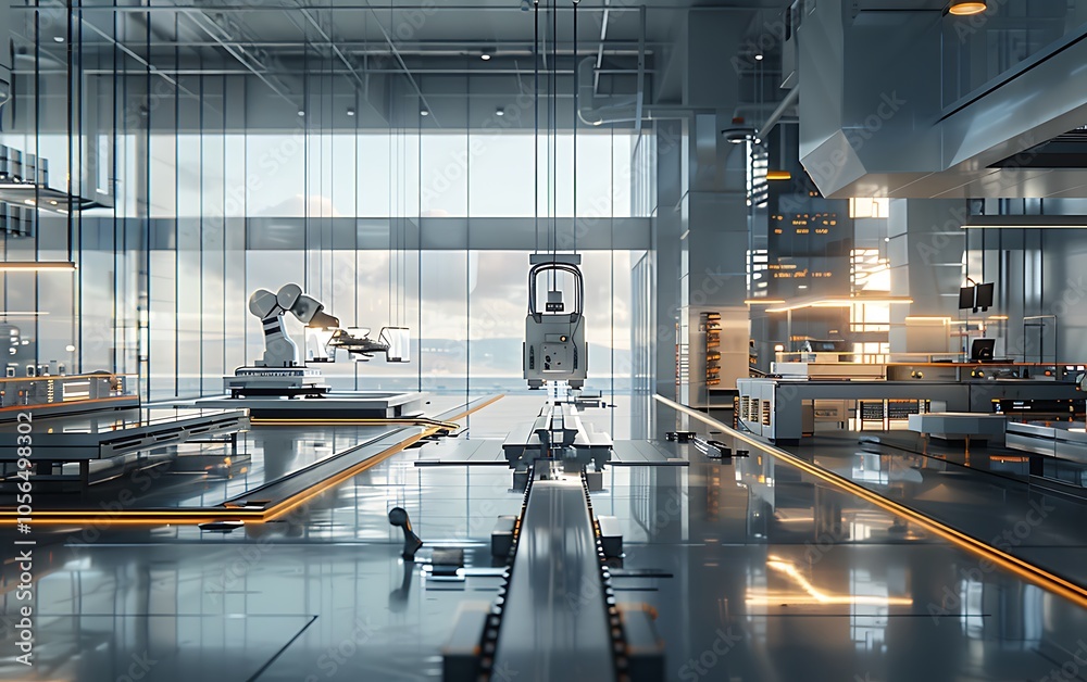 A modern, high-tech manufacturing facility showcasing robotic arms and automated systems in a well-lit environment.