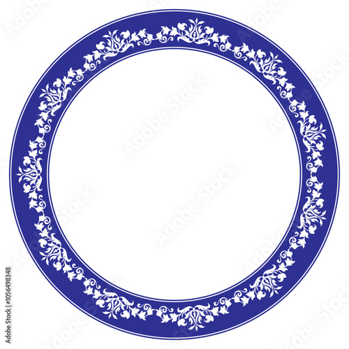 Beautiful round frame arabesque. Blue with white plate. Vintage, ethnic vector frame with arabesques EPS. Pattern frame for round surfac, household utensil, textile, embroidery, ceramics