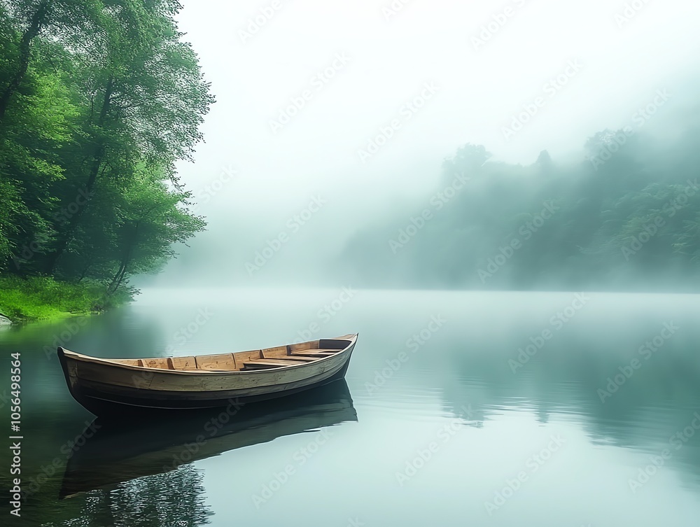 Fototapeta premium A wooden rowboat sits alone on a still lake shrouded in mist, with lush green trees lining the shore. The fog creates a sense of mystery and serenity.