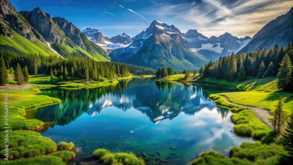 Aerial View of Serene Mountain Lake Surrounded by Lush Green Grass and Verdant Vegetation Aerial View of Serene Mountain Lake Surrounded by Lush Green Grass and Verdant Vegetation