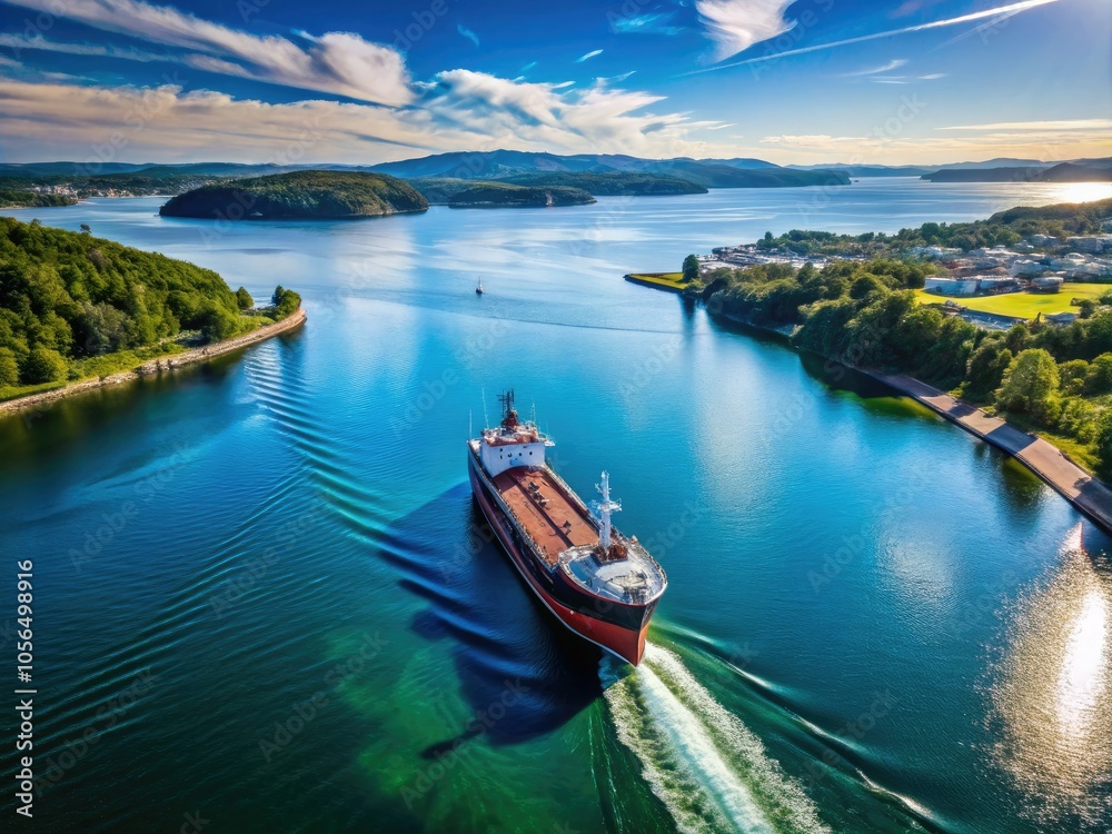 Aerial View of Ship Releasing Water at Anchor - Maritime Scene with Coastal Landscape and Clear Blue Waters Aerial View of Ship Releasing Water at Anchor - Maritime Scene with Coastal Landscape and Clear Blue Waters