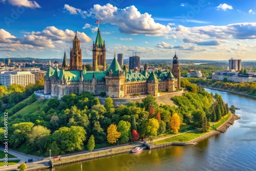 Aerial View of Stunning Parliament Hill in Downtown Ottawa, Canada - Iconic Landmark and Scenic Beauty