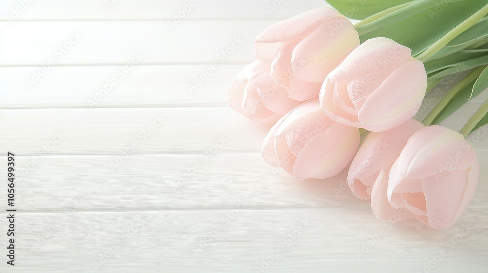 A bouquet of pink tulips sits on a wooden table A bouquet of pink tulips sits on a wooden table