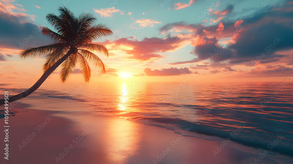 Palm Tree Silhouette at Sunset on Beach Digital Illustration Palm Tree Silhouette at Sunset on Beach Digital Illustration
