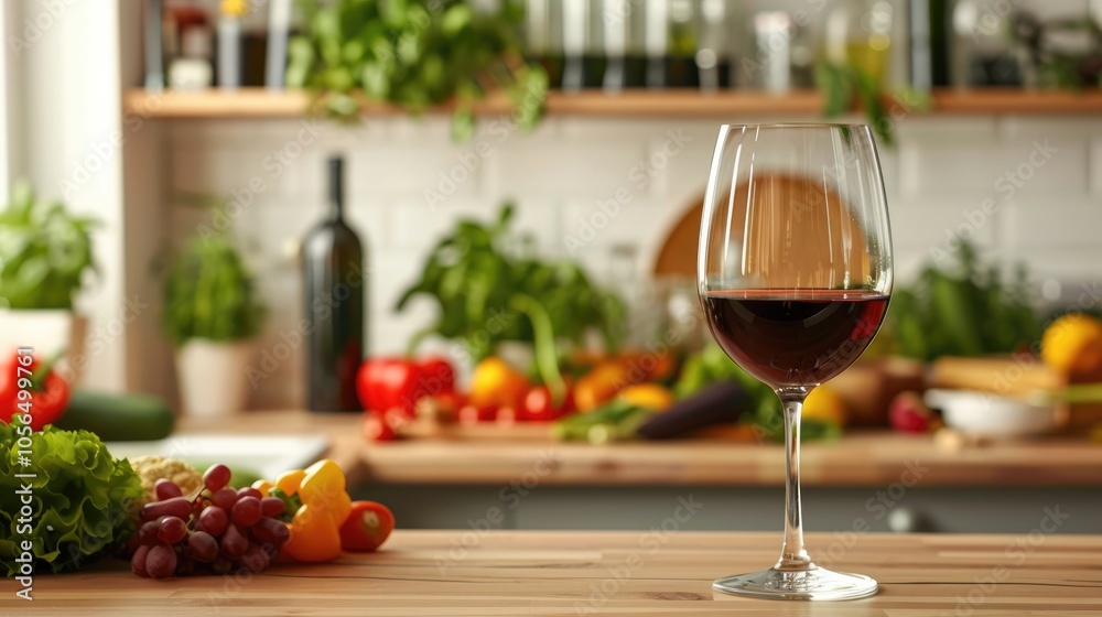 Red wine glass on kitchen counter with fresh produce background and copy space. Red wine glass on kitchen counter with fresh produce background and copy space.