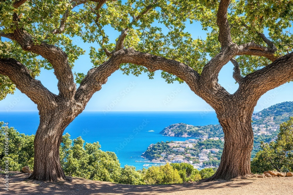 Scenic view framed by trees overlooking a tranquil blue sea and coastal landscape. Scenic view framed by trees overlooking a tranquil blue sea and coastal landscape.