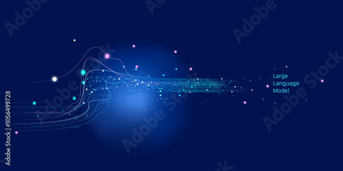 Illustration of abstract stream information with cyan line and dot. Big data, technology, AI, data transfer, data flow, large language model, generative ai	