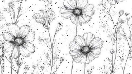 Hand-Drawn Floral Garden Pattern on White Background