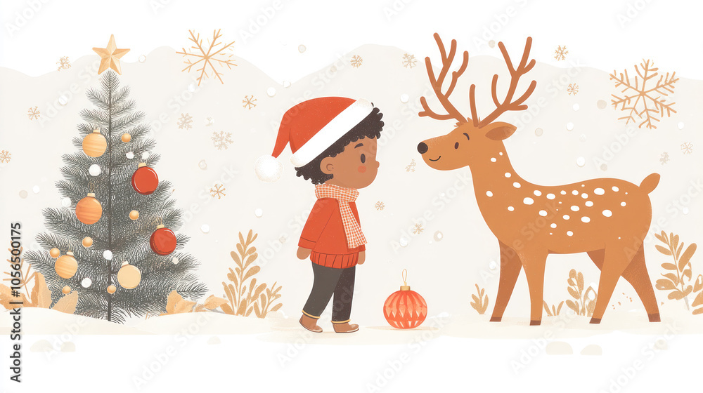 A little boy wearing santa hat playing with reindeer in Christmas A little boy wearing santa hat playing with reindeer in Christmas