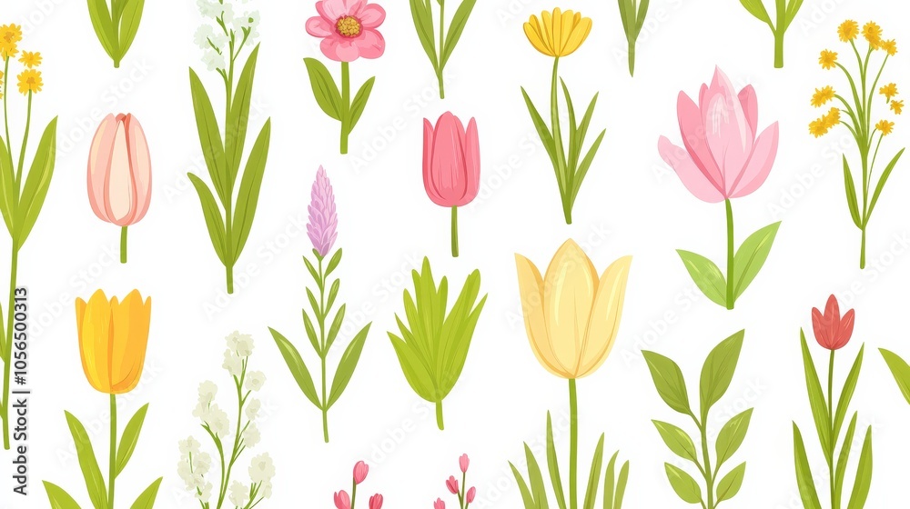 Obraz premium Illustrated Garden Flowers and Leaves Pattern Design