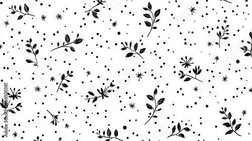 Tiny Flowers and Dotted Leaves Pattern on White Background
