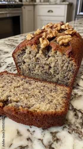Homemade banana bread with walnuts on a marble countertop