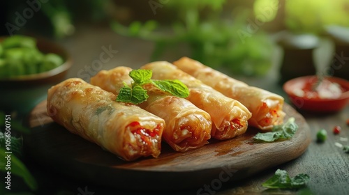 Appetizing pink wrapped appetizers filled with meat, onion, cilantro, garnished with mint leaf. photo