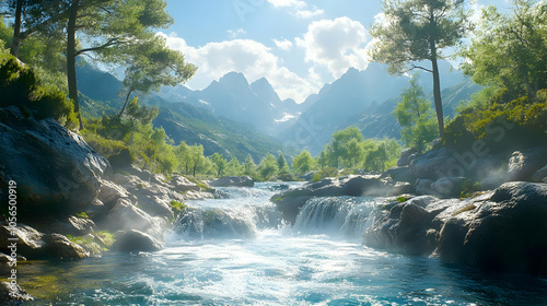 Mountain Stream, Crystal Clear Water Flowing Through Rocks and Lush Greenery - Illustration