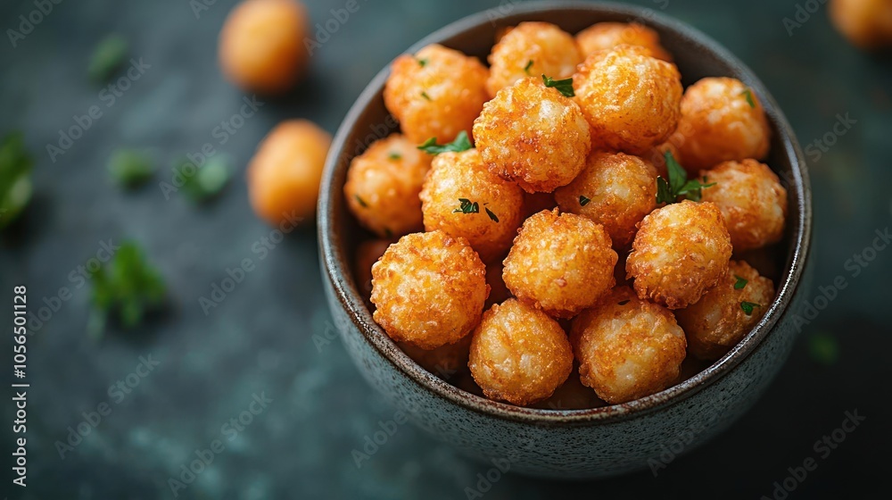 A bowl filled with crispy tater tots and garnished with fresh parsley.
