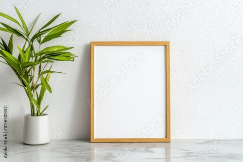 Minimalist decor featuring an empty photo frame and a potted plant against a light textured wall.