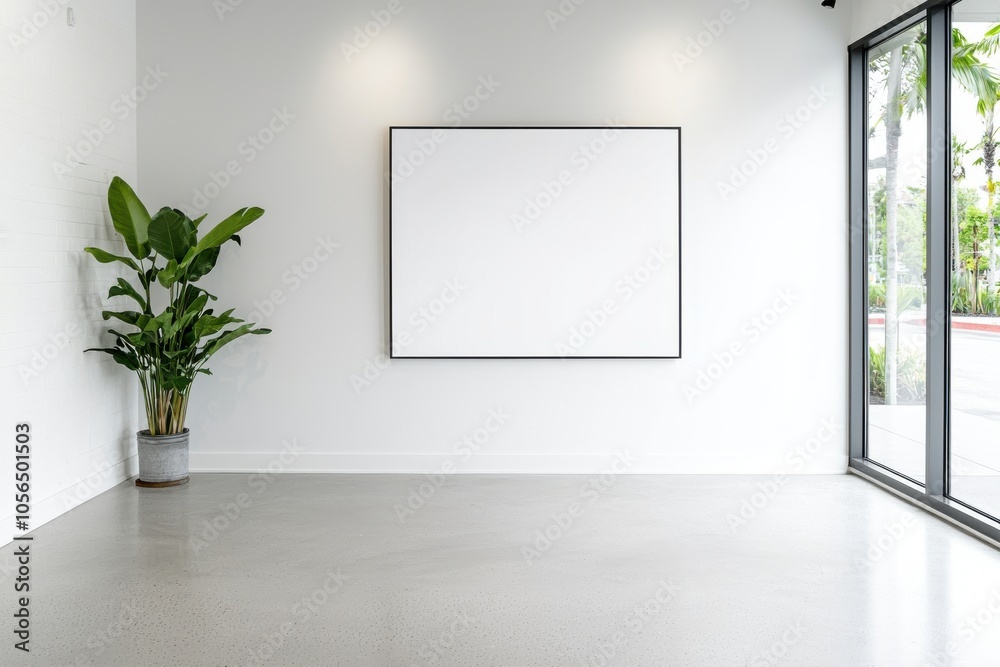 A minimalistic interior featuring a blank canvas and a lush green plant next to a large window. A minimalistic interior featuring a blank canvas and a lush green plant next to a large window.