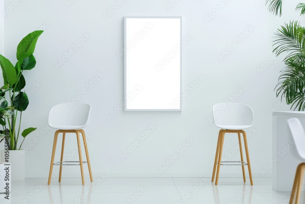 Minimalist interior with two white stools and a blank frame, complemented by green plants against a bright wall. Minimalist interior with two white stools and a blank frame, complemented by green plants against a bright wall.