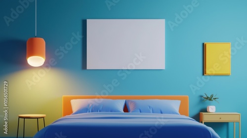 A modern bedroom featuring a blue wall, an orange pendant light, and a cozy bed adorned with blue pillows.