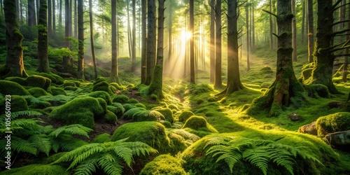 Amidst a serene forest, sunlight cascades through vibrant ferns and moss, revealing natureâ€™s soothing beauty and creating a tranquil atmosphere rich in greenery.