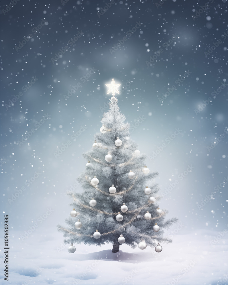 A snowy Christmas tree decorated with ornaments and a star, set in a peaceful winter night with snowflakes falling, perfect for holiday celebrations and greeting card design