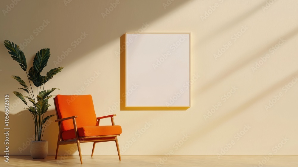 A vibrant orange armchair paired with a blank frame on a sunny, minimalistic wall.