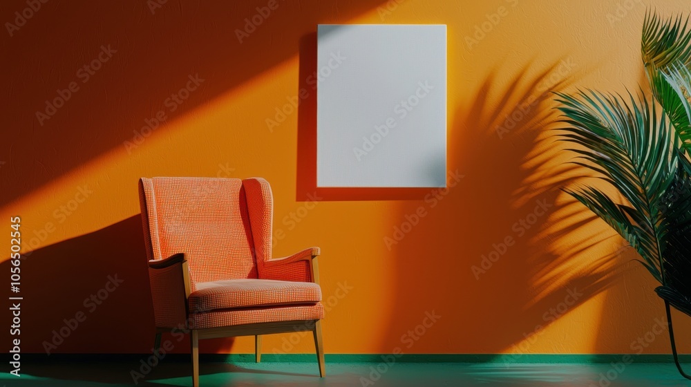 A vibrant orange wall enhances a cozy, retro-style chair, creating a warm, inviting atmosphere with soft shadows. A vibrant orange wall enhances a cozy, retro-style chair, creating a warm, inviting atmosphere with soft shadows.