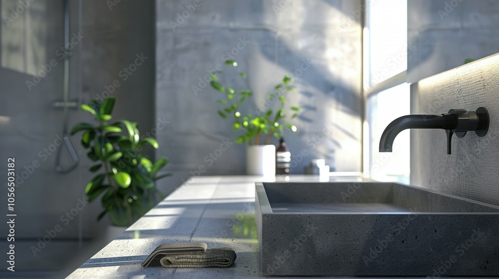 Refined Minimalism: 3D Rendering of a Bathroom Sink with Concrete Surface and Black Hardware Refined Minimalism: 3D Rendering of a Bathroom Sink with Concrete Surface and Black Hardware
