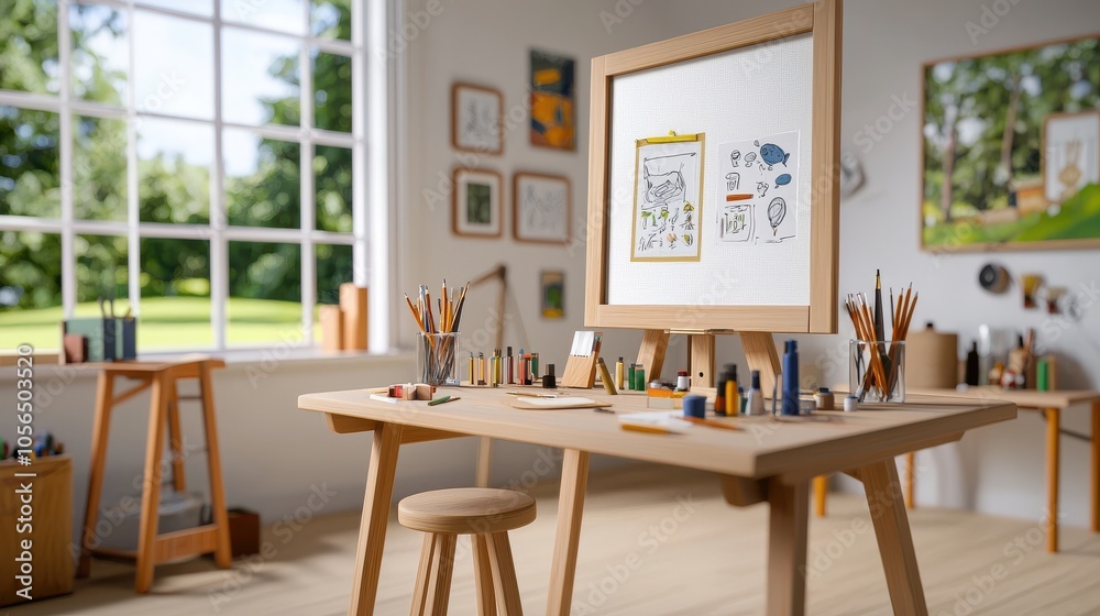 A bright and organized artist's studio featuring a wooden table and creative workspace. A bright and organized artist's studio featuring a wooden table and creative workspace.