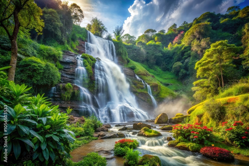 Wachirathan Waterfall flows powerfully amidst the lush greenery of Doi Inthanon National Park, Thailand, creating a breathtaking sight for nature lovers and adventurers alike.