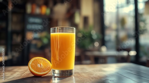 A glass of orange juice sits in front of a whole orange.