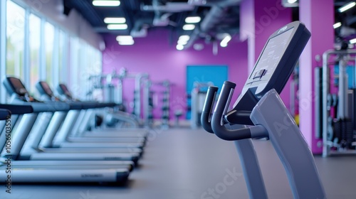 Modern fitness center with elliptical trainers and vibrant purple walls, creating an energetic workout environment. photo