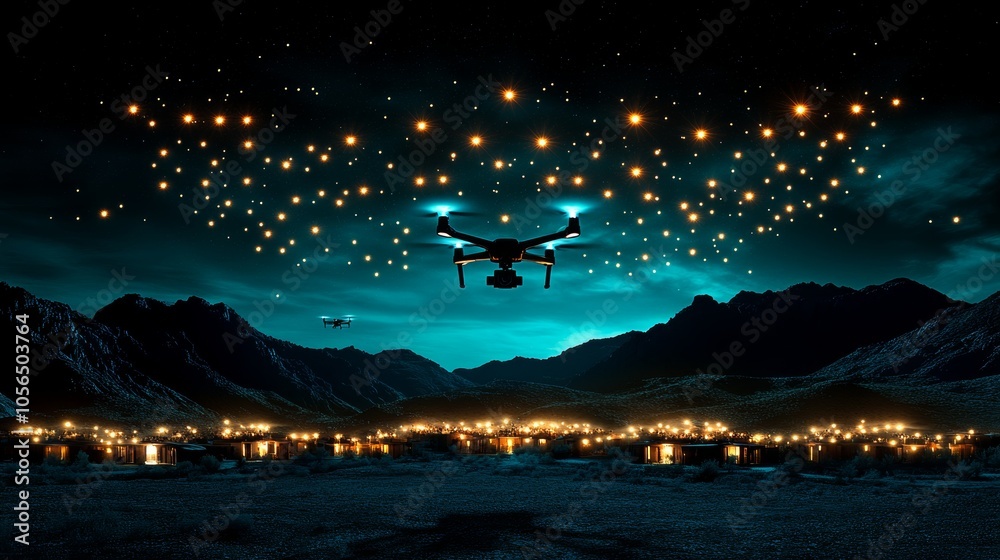 Drone Flying Over Night Sky With Stars and Mountain Landscape Drone Flying Over Night Sky With Stars and Mountain Landscape