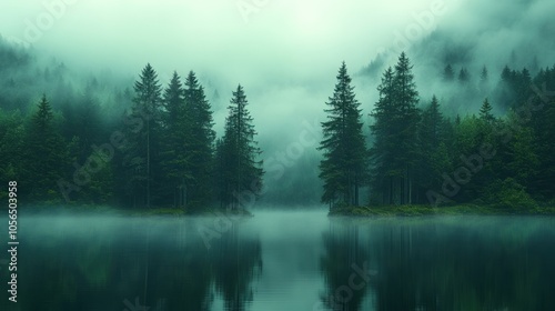 Serene misty lake surrounded by evergreen trees in a tranquil landscape.