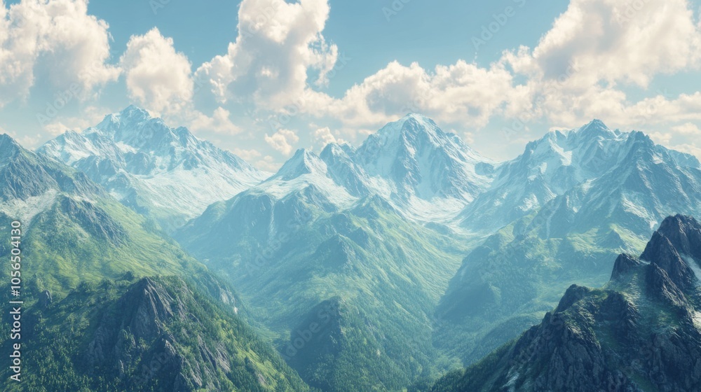 Obraz premium Majestic mountain landscape with lush greenery and blue skies.