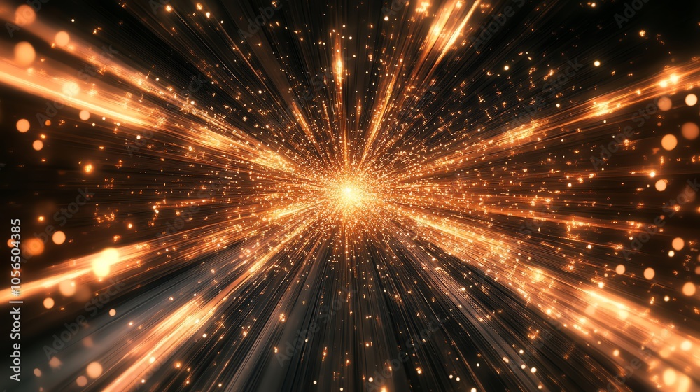 Abstract golden light streaks radiating outwards from a central point on a black background. Abstract golden light streaks radiating outwards from a central point on a black background.